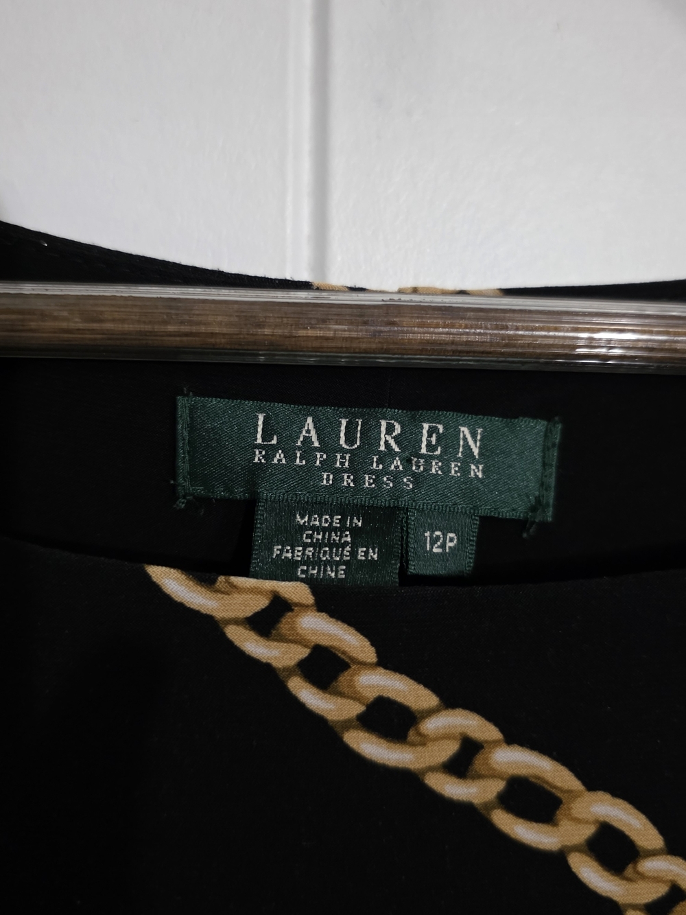 Lauren Ralph Lauren Chain Print Ruched Dress Black Gold 12P Equestrian Stretch - Picture 3 of 14